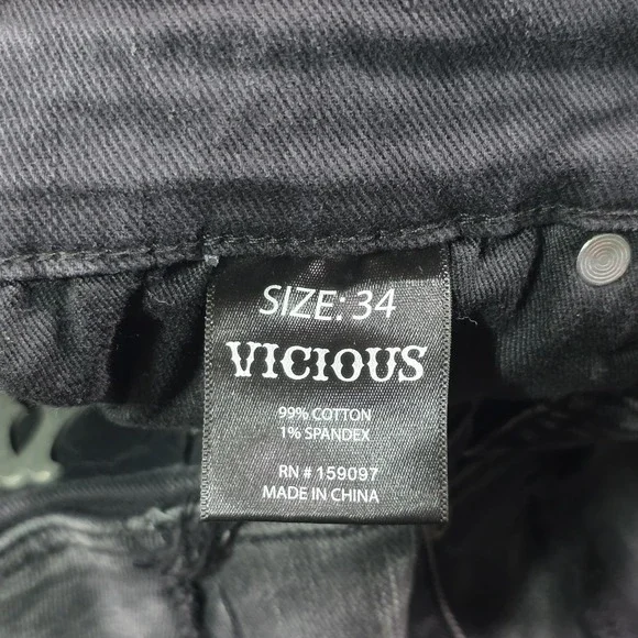 Vicious Men's Black Distressed Web Detail Cotton Jeans Size 34 - Picture 8 of 13